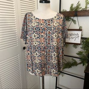 Lucky Brand|2X|Blue Rust Cream Mosaic Print Bat Wing Sleeve Flowy Top